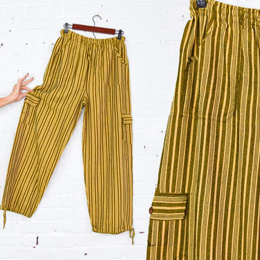 1980s Gold Striped Cotton Pants | 80s Gold Moroccan Cotton Slacks | Large 