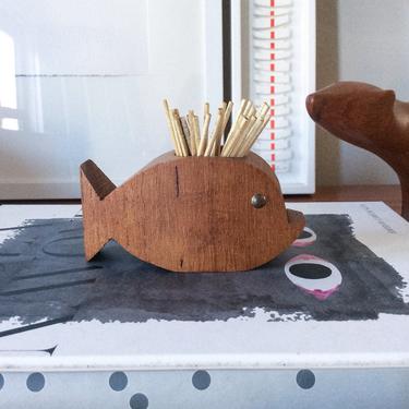 Sculptural Fish Toothpick Holder Brass Detail Candle Teak Danish Vintage Mid Century 
