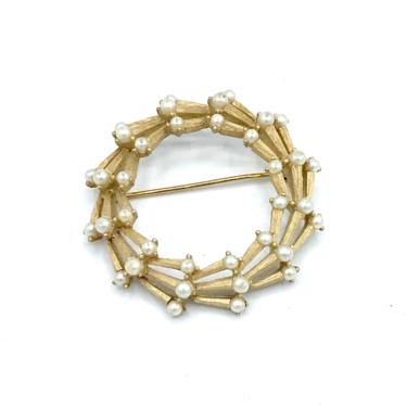 Vintage 1960s Crown Trifari Circle Pin, Round Gold-Tone Metal Brooch with Faux Pearls, Mid-Century Costume Jewelry 