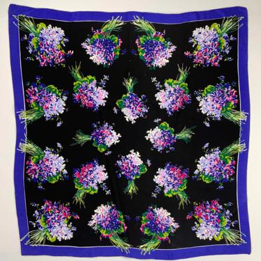 1940'S Lilac Bouquet Scarf - Purple Florals on a Black Background - All SILK - Hand Rolled Hem - 31 Inches x 33 Inches - Dead Stock 