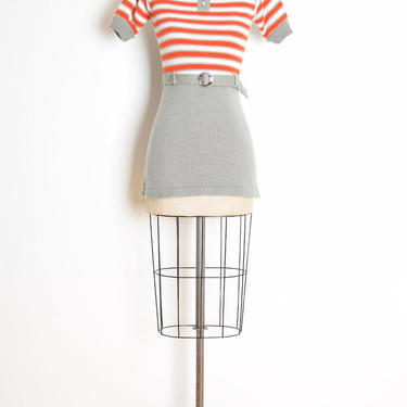 vintage 60s dress gray red striped mod kinder twiggy mini sweater dress XS clothing 