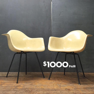 Eames Zenith Parchment Armshell Fiberglass Pair of X-Base Chairs 2nd Generation Venice 1950s Herman Miller Mid-Century Modern 50s Mad Men 