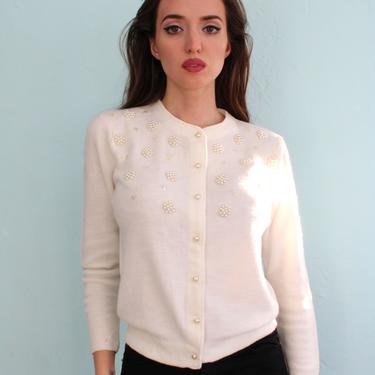 1950s Ivory Beaded Cardigan with Pearls and Sequins from Penrose Knitwear Inc. NY, Pearl Buttons, 100% Orlon Acrylic, Size Small 