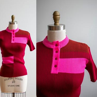 1960s Knit Tshirt / Vintage Knit Top / Vintage Sweater / Maroon Knit Sweater / Vintage Tshirt / Dead Stock 1960s Sweater / 1960s Sweater 