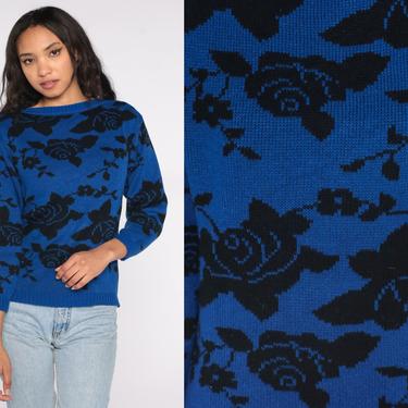 Blue Floral Sweater 80s Sweater Rose Graphic Print Grunge Knit Slouchy 90s Pullover Vintage Acrylic Jumper Black Extra Small XS 