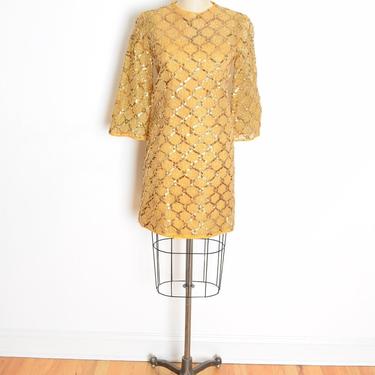 vintage 60s dress sheer gold sequin mod mid century bell sleeve mini dress S M clothing 