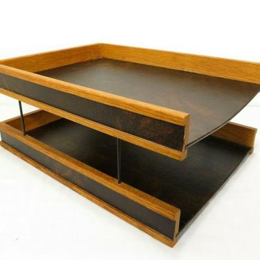VTG Mid Century LEATHER &amp; WOOD TIERED PAPER TRAY LETTER HOLDER Knoll Eames RETRO
