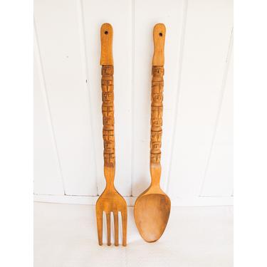 Large Vintage Mid-Century Modern Hand Carved Wood Fork and Spoon Wall Art Set 