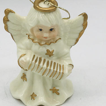 Vintage Angel  Bell Figurine of Girl with Gold Highlights- Christmas Bell Ornament- Playing the Accoridan 