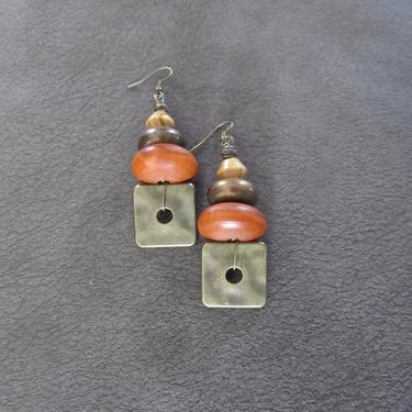 Hammered bronze earrings, geometric earrings, unique mid century modern earrings, ethnic earrings, bohemian earrings, statement orange 