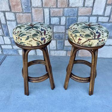 Pair of Sturdy Vintage Rattan Barstools with Footrest and Swivel, Tropical Landscapes and Safari Animal Themed Upholstered Seats 