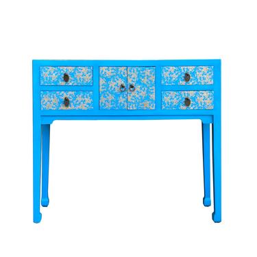 Bright Blue Lacquer Golden Flower Graphic Drawers Slim Foyer Side Table cs7146E 