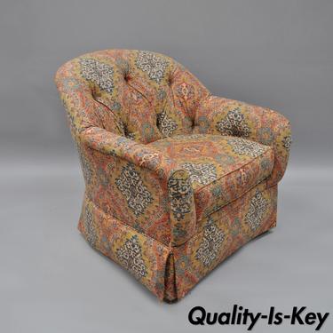 Ethan Allen Upholstered Barrel Back Lounge Club Chair Tufted Boho Print Fabric