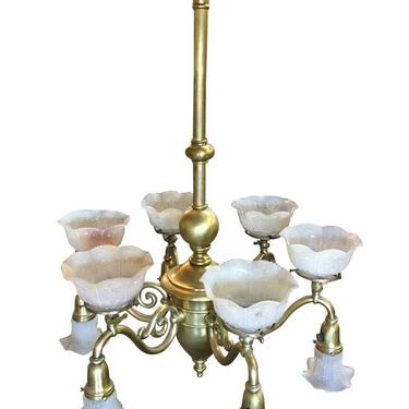 Late Victorian Cast Brass Transitional Six-Arm Gas and Electric Chandelier 