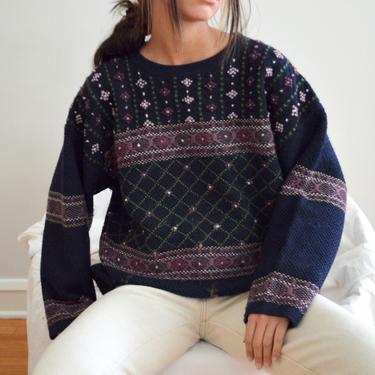 laura ashley oversized wool needlepoint navy and purple pullover sweater / large 