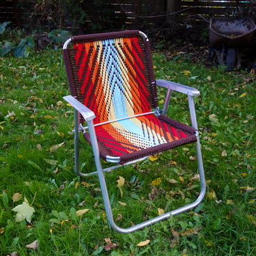 Hand Woven Rainbow Lawn Chair, Macrame Vintage Aluminum Lawnchair Outdoor Folding Metal Glamping, Yard, Concert, Pride, Camp Festival Seat 