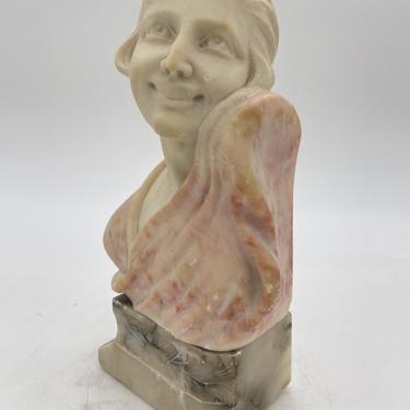 Art Deco Hand Carved Female Flapper Girl Alabaster Bust, Unsigned 