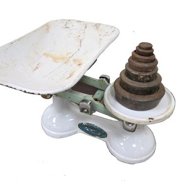 Balance Scale | Vintage English F. J. Thornton White Cast Iron Scale With Weights 
