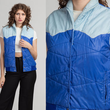 80s Retro Color Block Puffer Vest - Small | Vintage Unisex Blue Sleeveless Ski Jacket 