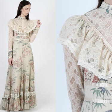 Vintage 1970s Gunne Sax Dress / Asian Style Bamboo Print Dress / Tropical Floral High Neck Maxi Dress Size 9 