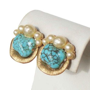 Vintage Trifari Turquoise & Baroque Pearl Earrings 
