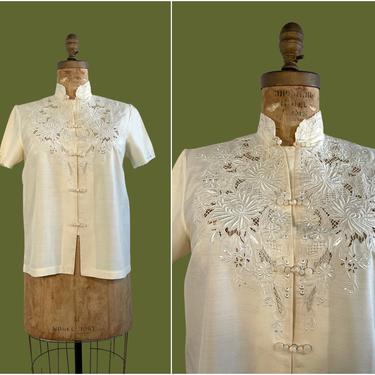 SILK ROAD Vintage 70s Chinese Hand Embroidered Cream Blouse | 1970s Dead Stock Asian Top with Floral Open Embroidery Work | Sz Medium Large 