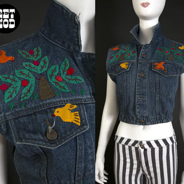 Cute Vintage 80s Blue Jean Vest with Farm Landscape Animal Applique - Very Hippie Chic by RETMOD