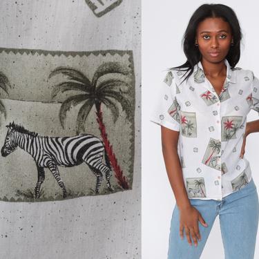 Jungle Leopard Shirt Zebra Jungle Animal Safari Print Giraffe Tropical 90s Top Africa Print Blouse Button Up Shirt 1990s 2xl xxl Extra Large