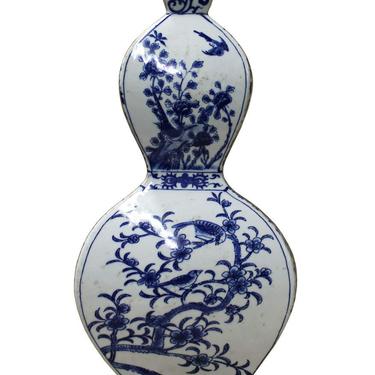Chinese Blue White Porcelain Flower Bird Graphic Flat Gourd Shape Vase cs2460E 