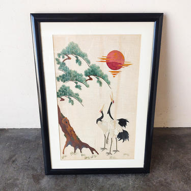 Vintage Embroidered Korean Crane and Sun Wall Art 