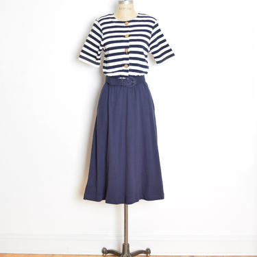 vintage 80s dress navy white striped print knit nautical midi dress clothing M 