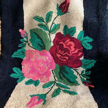 Folk Art Rag Rug, Artisan Hand Hooked Rug, Floral Roses, Americana 