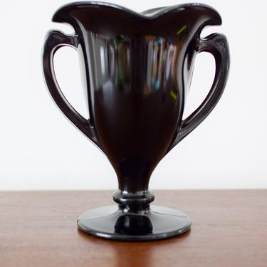 Vintage LE Smith Black Glass Double Handled Urn Vase 