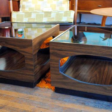 Pair Cube End Tables with Smokey Glass Tops