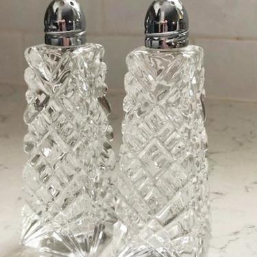 A Set of VINTAGE Crystal Cut Glass Salt & Pepper Shakers SET 5&quot; tall with Metal Tops by LeChalet