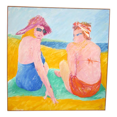 1970s Vintage Suzanne Peters &amp;quot;Two Women on Green Blanket&amp;quot; Beachside Portrait Painting 