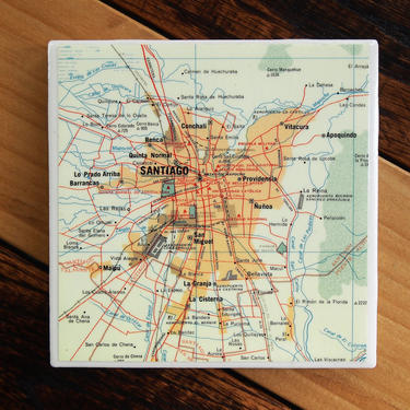 1969 Santiago Chile Handmade Repurposed Vintage Map Coaster - Ceramic Tile - Repurposed 1960s Rand McNally Atlas - Actual Map Used 