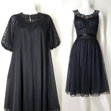 Vintage 60s Vanity Fair Triple Chiffon Nightgown Peignoir Set ~ Black Nylon Chiffon Babydoll Lingerie ~ Size 34 Small ~ Sheer Bust Sissy Set 