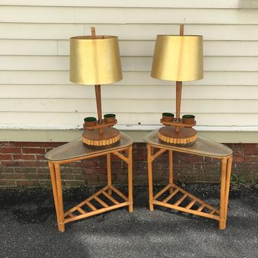 Great pair of vintage tiki bamboo lamps with original shades 