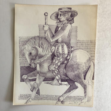 Vintage Original Artwork, Pen and Ink Drawing of Don Quixote on Horseback, by Henry C Meyer, mid century, 13.5 in W x 17 in H 