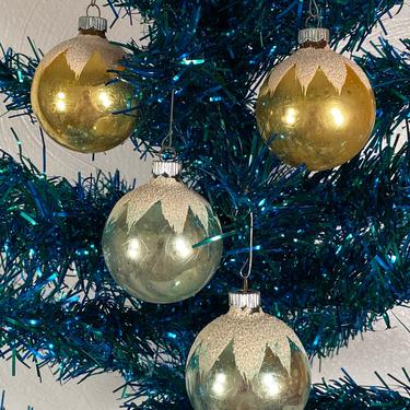 Set of 4 Shiny Brite Green and Gold Holiday Ornaments (#C23) 