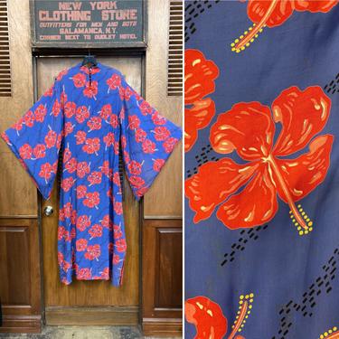 Vintage 1940’s Hawaiian Rayon Pake Muu Batwing Sleeve Floral Dress, Vintage Pake Muu, 1940’s Hawaiian Dress, Tiki Dress, Batwing Sleeve 