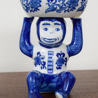 Vintage Chinoiserie Blue and White Porcelain Monkey Holding a Bowl 