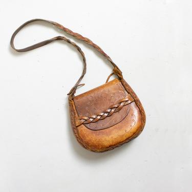 Vintage 1970s Tooled Leather Purse Braided Brown Floral Shoulder Bag 