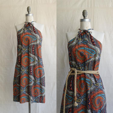 Vintage 70s Paisley Cotton Dress/ 1970s Halter Drawstring Mini/ Size Medium 