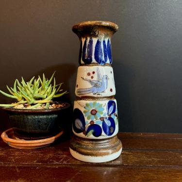 Vintage Ken Edwards Candle Holder, Pillar or Candle Stand, Mexico Mexican Pottery, Stoneware, Hand Painted, Blue Bird, Butterflies, Flowers 