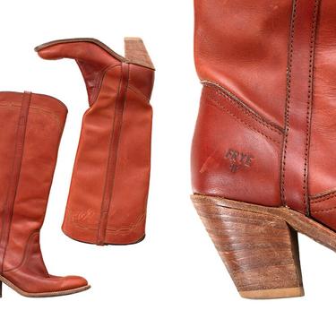 Vintage 1980s 1990s Campus Boots | 80s 90s FRYE Brown Leather Knee High Stacked Heel Boho Cowgirl Cowboy Boots (size US 7.5) 