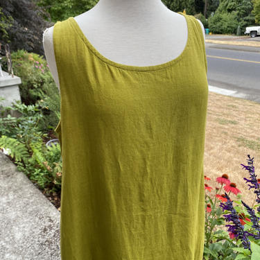 Chartreuse green linen frock~ Eileen Fisher  modern minimalist dress~ simple tie waist~ boxy long tank dress~ size Large 