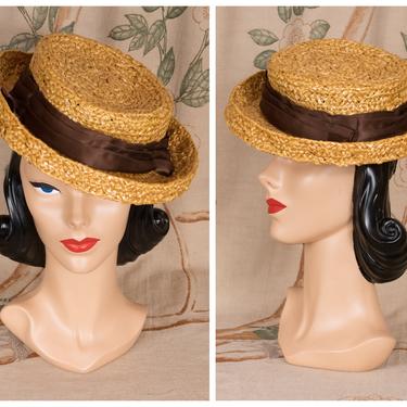 1940s Hat  - Striking Summer Tilt Hat of Golden Cellophane Straw, Boater Inspired by G. Howard Hodge 