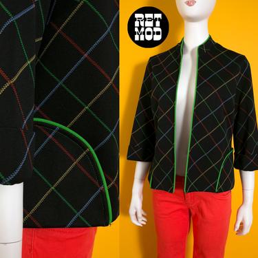 Fun Vintage 60s 70s Black Rainbow Plaid Grid Pattern Blazer Jacket Poly Top with Pockets 
